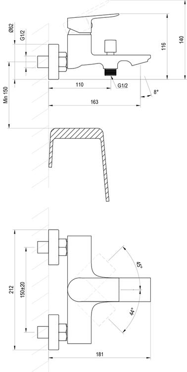 PN 022.00CR Vanová nástěnná baterie bez sprchového setu, chrom
