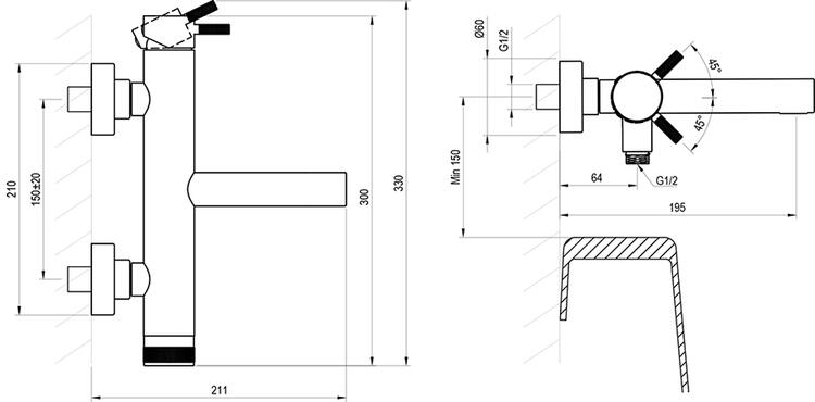 NX 022.20BLM Vanová nástěnná baterie bez sprchového setu, černá matná