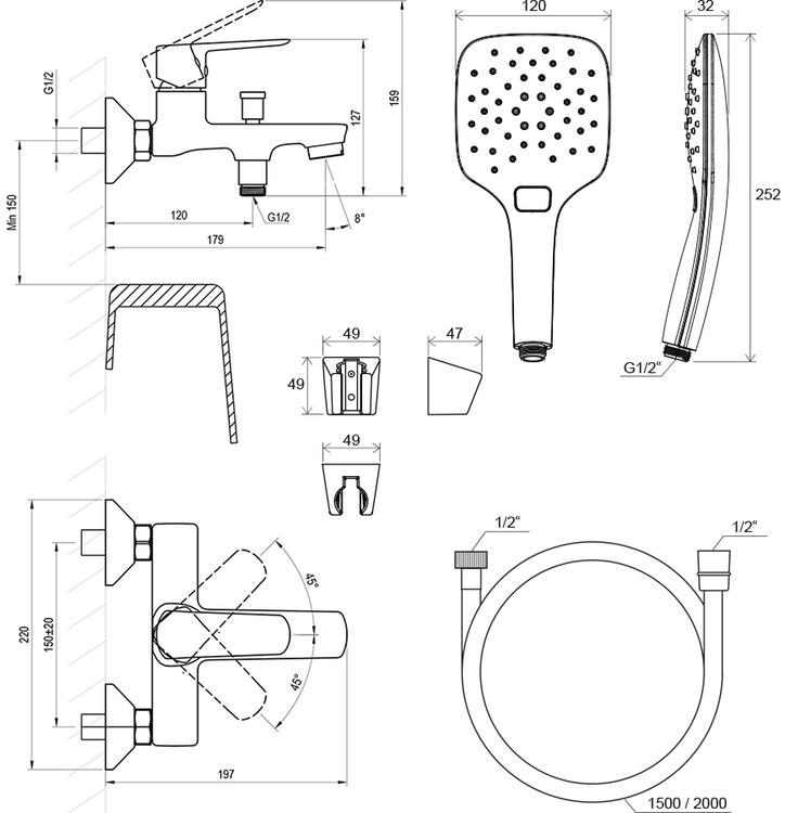 LF 022.20BLM.+S Vanová nástěnná baterie se sprchovým setem, černá matná