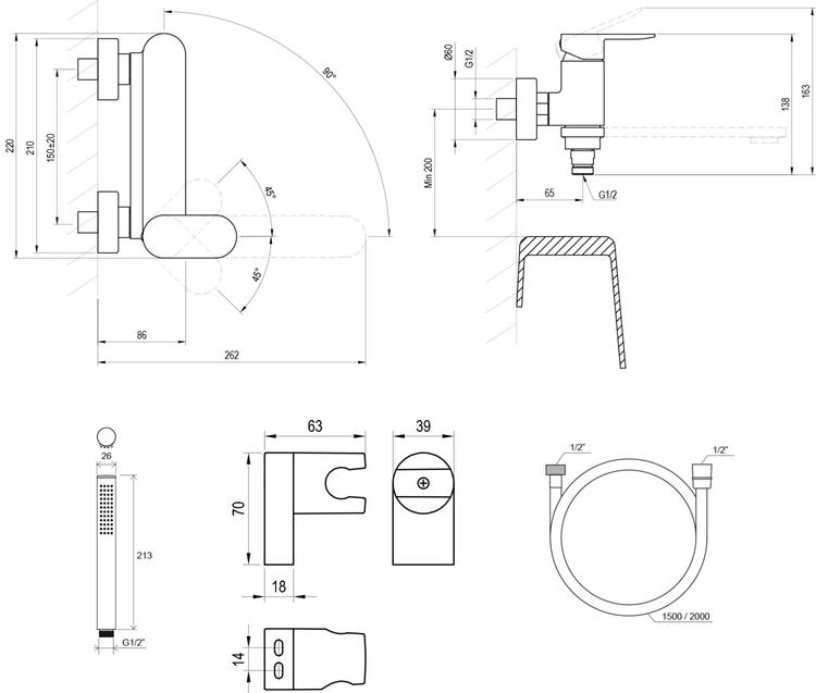 CR II 022.00CRS.+S Vanová nástěnná baterie se sprchovým setem, chrom