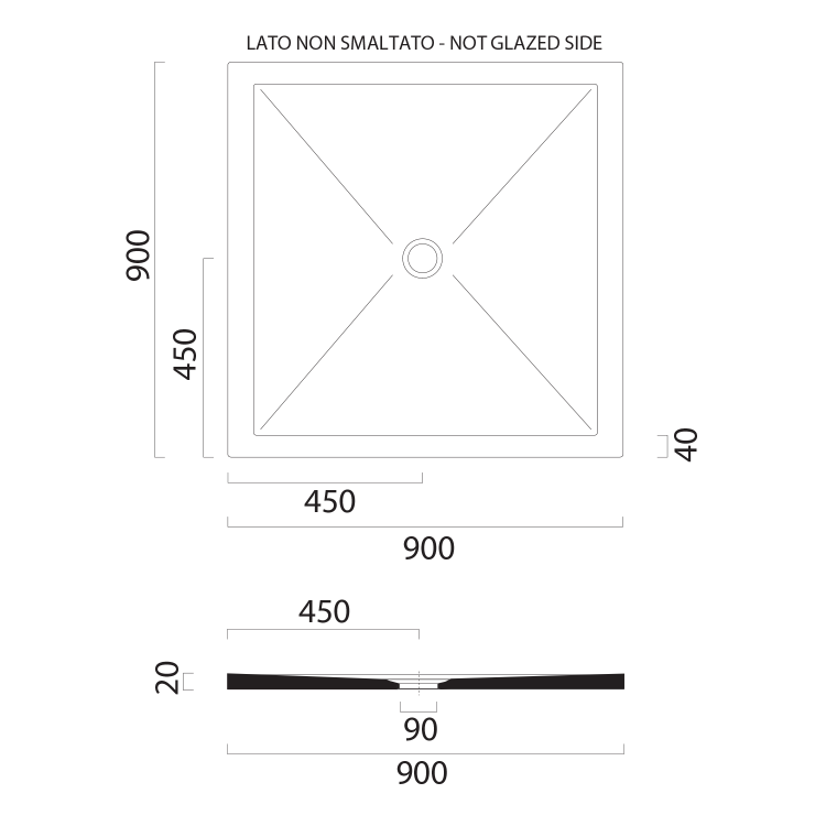 Keramická sprchová vanička, čtverec 90x90x2cm, agave mat