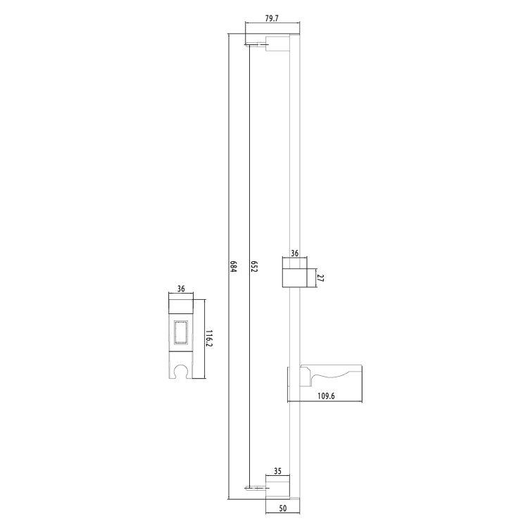 Sprchová tyč s mýdlenkou, posuvný držák, hranatá, 684mm, ABS/chrom