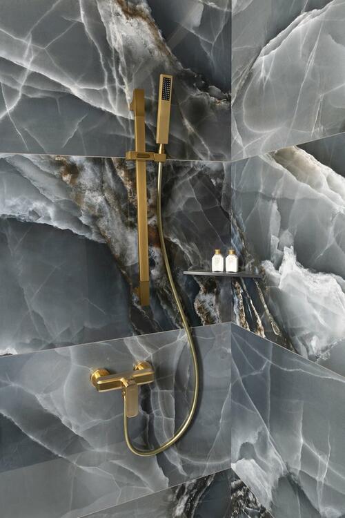 Sprchová tyč, posuvný držák, hranatá, 680mm, ABS/zlato mat