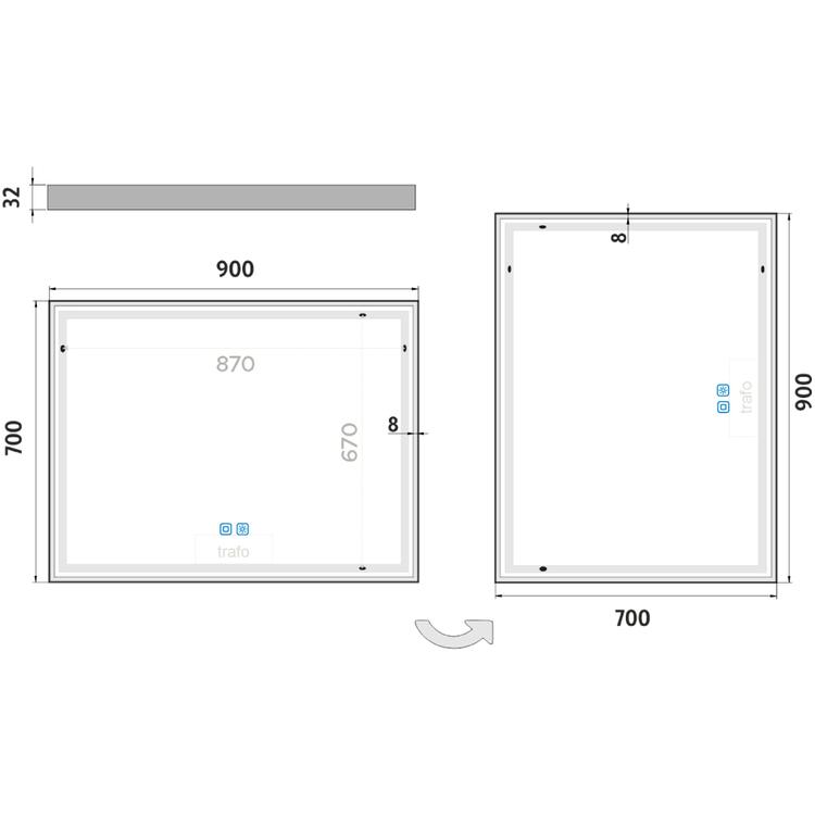 Bílé LED zrcadlo 90 x 70, dotykový senzor OBDELNÍKOVÁ - OSTRÉ ROHY