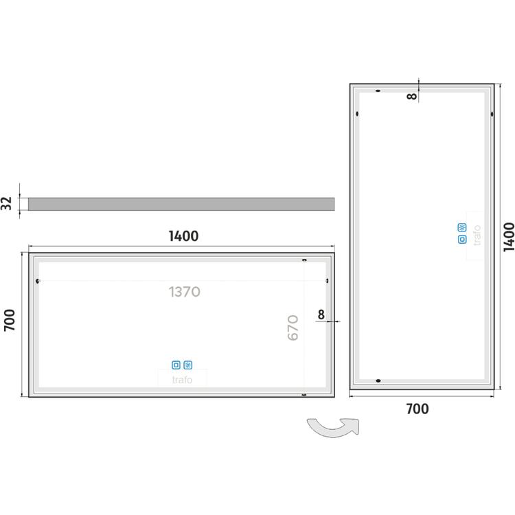 Bílé LED zrcadlo 140 x 70, dotykový senzor OBDELNÍKOVÁ - OSTRÉ ROHY