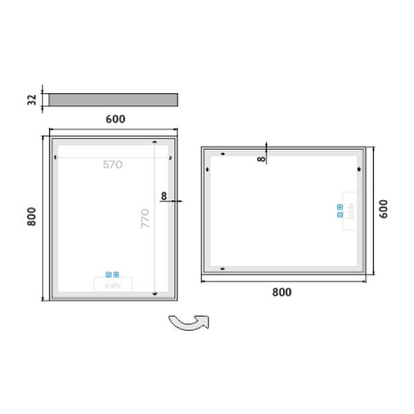 Bílé LED zrcadlo 60 x 80, dotykový senzor OBDELNÍKOVÁ - OSTRÉ ROHY