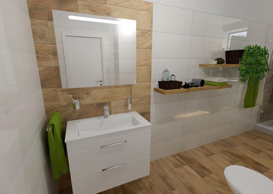 Bílý obklad White Glossy 30x60 cm v kombinaci s dlažbou v imitaci dřeva. Inspirací pro tuto vizualizaci koupelny byl skandinávský styl. | Jaké rozměry velkoformátových obkladů a dlažeb nejčastěji vybírají naši zákazníci?