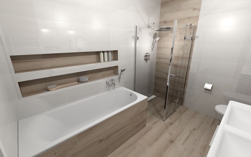 Vizualizace koupelny s dlažbou v imitaci dřeva Clorofilla Miele | Snadná údržba