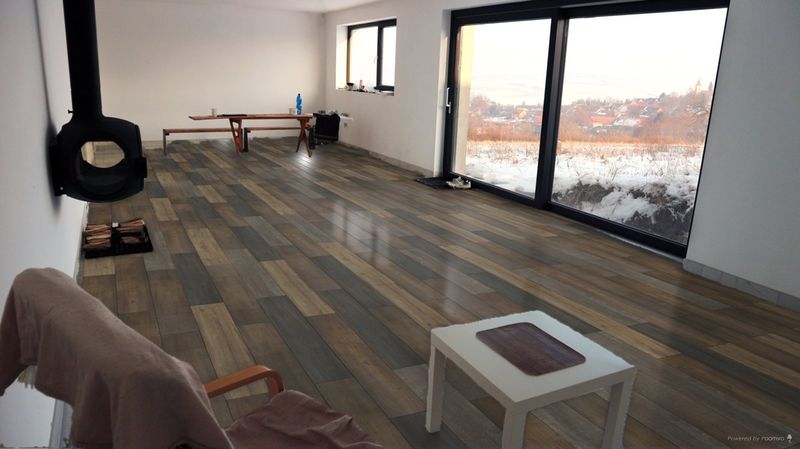 Vizualizace obývacího pokoje s dlažbou v imitaci dřeva | Proč je lepší použít do interiéru keramickou dlažbu místo dřevěné podlahy?