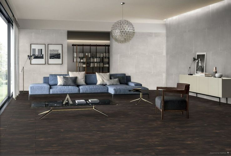 Vizualizace obývacího pokoje s dlažbou Make na stěně | Elegantní a neutrální dlažbu Make lze skvěle kombinovat s nábytkem různých barev