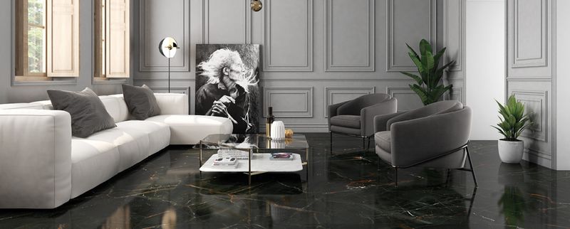 Černá lesklá dlažba v imitaci mramoru Vanity v interiéru | Velký formát dlažby Vanity umocňuje design mramoru