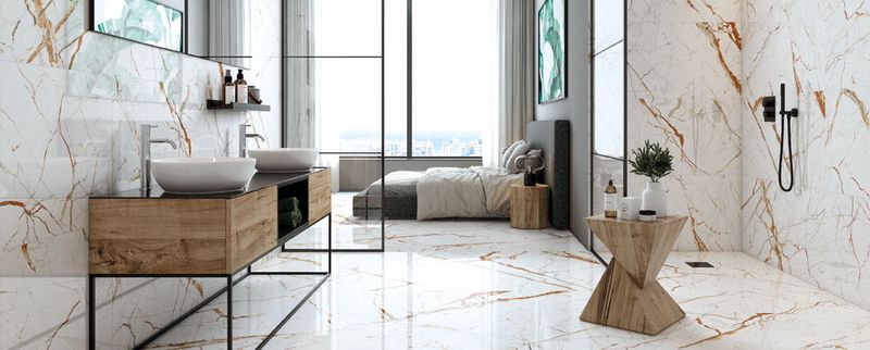 Ložnice a koupelna s luxusní dlažbou imitující mramor Vanity White | Keramické dlaždice imitující mramor můžete pořídit i online z pohodlí vašeho domova