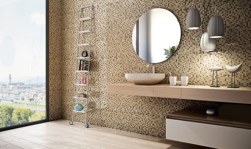 Na designové fotografii je v koupelně položena mozaika Eden. | Jaké jsou výhody mozaiky v interiéru a kde všude se dá využít?