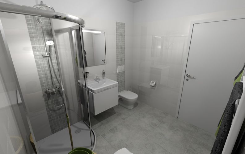 Lesklý bílý obklad v koupelně v kombinaci s šedou dlažbou v imitaci betonu | Obkladačky do koupelny mají lesklý povrch a koupelna bude působit zářivým dojmem