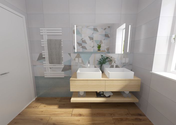 Keramický obklad Art v bílé a modrozelené barvě s geometrických dekorem v koupelně | Levný obklad do koupelny Art má 3 moderní barvy a glanc mu dodají keramické dekorace