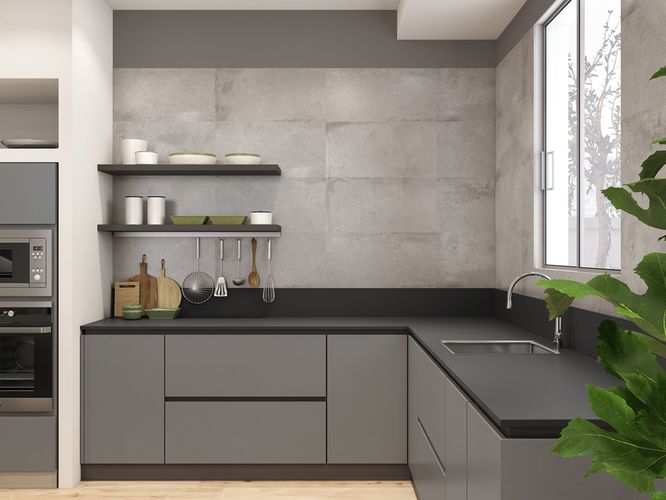 Obklad za kuchyňskou linkou v imitaci betonu | Koupelnové obklady ORIGIN jsou nerozeznatelné od pravého kamene a betonu
