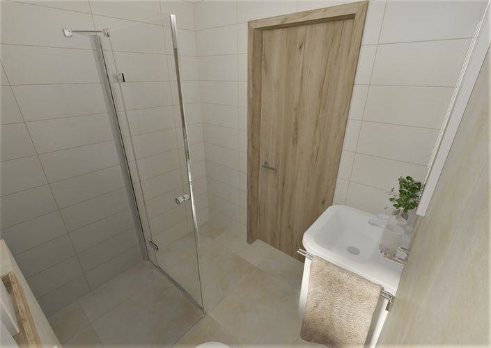 Koupelna s obklady Saten sand a dlažbou Welford ivory | Kachličky Saten sand budou vypadat perfektně například v kombinaci s dlažbou v imitaci dřeva či betonu