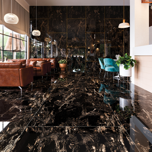 Stěna i podlaha s kolekcí Magnifique black v komerčním prostoru | Struktura dlažby v designu mramoru vynikne i na stěně, když ji použijete jako obklad