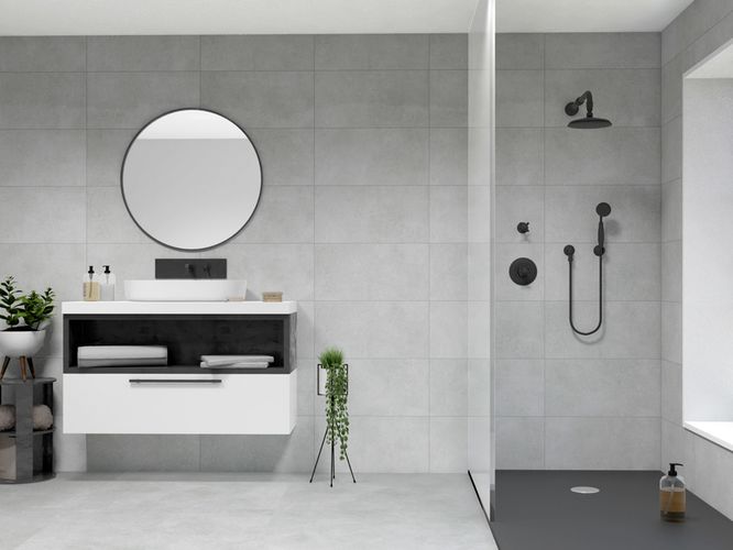 Šedá dlažba v koupelně v designu cementu Ozzone | Dlažba v imitaci cementu Ozzone má šedou a hnědou barvu, které interiéru dodají eleganci