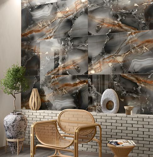Luxusní interiér s velkoformátovými keramickými dlaždicemi Black Onyx na stěně | Dlažba Black Onyx bude vypadat perfektně i v kombinaci s dalšími imitacemi. Inspirujte se, jak na to