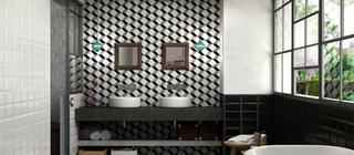 Černobílý obklad a dlažba Vanguard cube natural v koupelně v geometrickém provedení