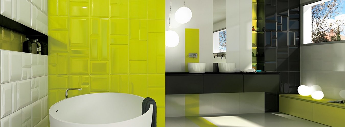 Krásné syté barvy obkladů v koupelně žlutá koupelna