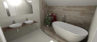 Vizualizace koupelny s obklady a dlažbou imitující dřevo Aledo Gris.