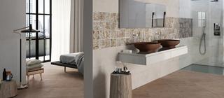 Sladěná dlažba a obklady Background v koupelně a ložnici spolu s patchworkovým dekorem