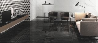 Interiér s obklady a dlažbou v imitaci mramoru Posh Calacatta+ Saint Laurent