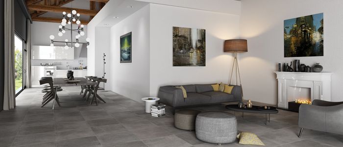 Dlažba imitace betonu Le cave černá barva v obývacím pokoji