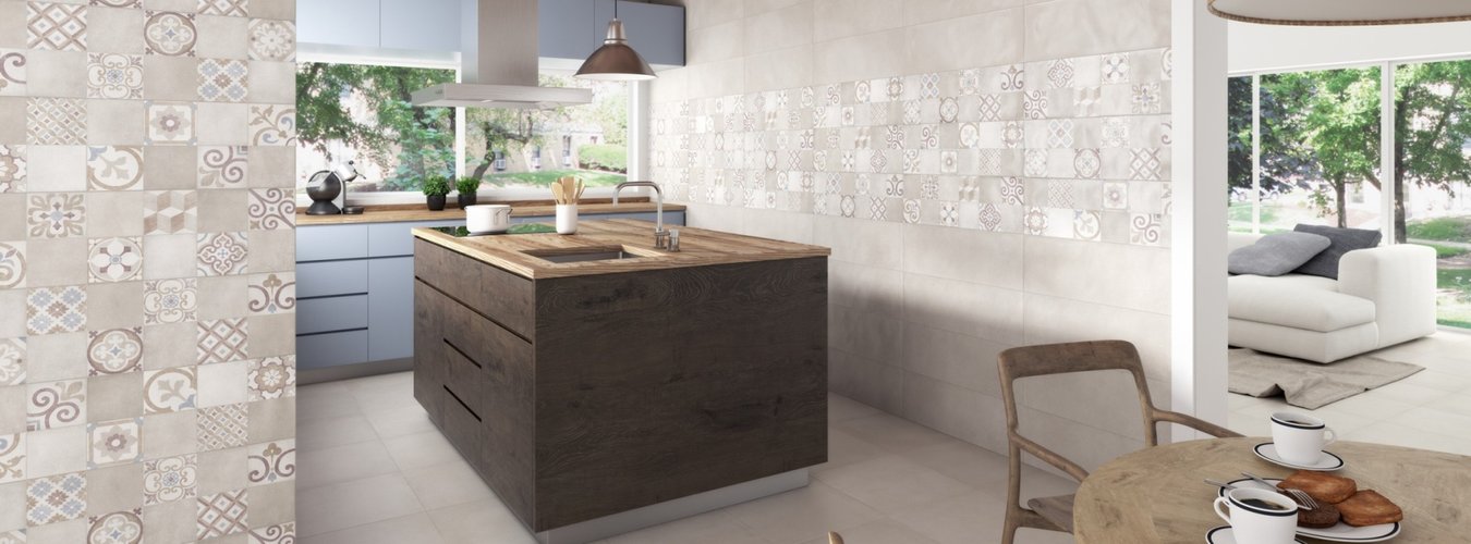 Koupelnový obklad Maison béžová barva imitace betonu patchworkový dekor v kuchyni