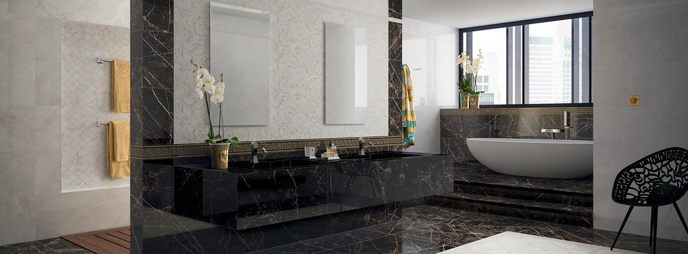Obklad a dlažba imitující mramor Versace Emote hnědá a krémová v koupelně