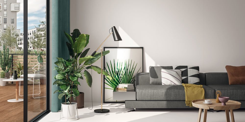 Velkoformátová dlažba Must 0.3 bílá barva v obývacím pokoji