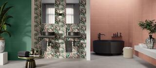Moderní koupelna se zelenými obklady Bosco, růžovými obklady Cipria a dekorem rostlin Inserto gipsy calce