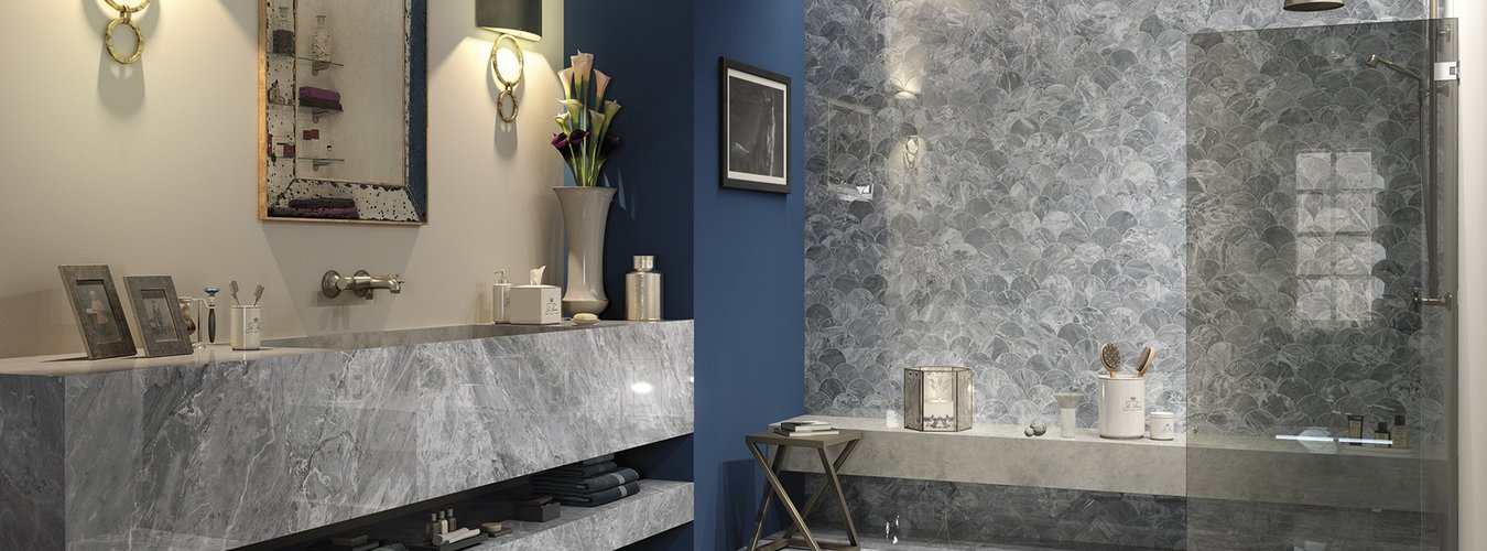 Designový obklad a dlažba Roberto Cavalli Rock symphony blues šedá v koupelně imitace mramoru