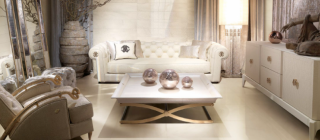 Designová dlažba Tanduk bianco v obývacím pokoji imitující mramor