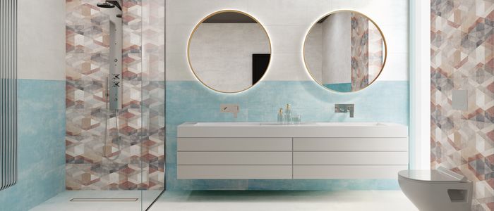Obklad do koupelny Terra turquoise s dekorem jemná imitace betonové stěrky