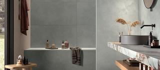 Obklad a dlažba v imitaci betonové stěrky Clay šedá barva Delight CL02 a Awake CL03 v koupelně
