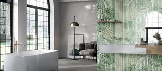 Luxusní koupelna s šedou dlažbou Horizon ve velkém formátu