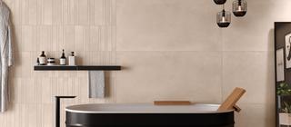 Obklad a dlažba Escape imitující cementovou stěrku béžová barva beige v koupelně
