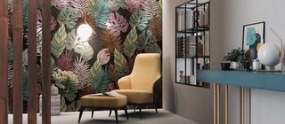 Celoplošný palmový dekor Deco art Pop garden barevné palmové listy v obývacím pokoji na stěně