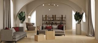 Dlažba imitující přírodní mramor Majestic marfil béžová barva v obývacím pokoji