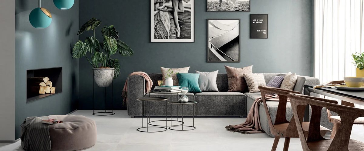 Dlažba imitace cementu Garda torbole béžová v obývacím pokoji