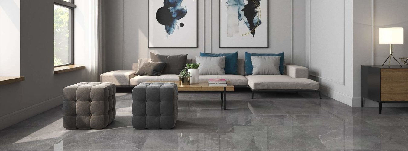 Dlažba imitující mramor Olympia gris šedá barva v obývacím pokoji na podlaze