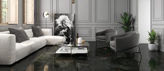 Dlažba v imitaci mramoru Vanity grey šedá barva na podlaze v obývacím pokoji