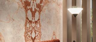 Velkoformátové dlaždice La Marmoteca odstín Dreaming rose na stěně interiéru