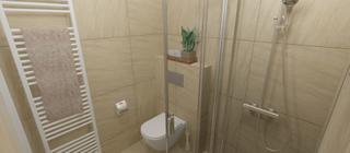 Vizualizace koupelny s béžovou dlažbou imitující kámen Quartz beige v rozměru 60x60cm