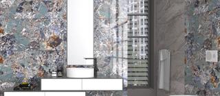 Velkoformátové keramické obklady v koupelně ve výrazné imitaci mramoru 60x120 cm