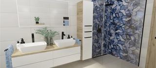 Vizualizace koupelny na podlaze dlažba Bona dea crema, Bianchi, a obklad imitující modrý onyx na stěně