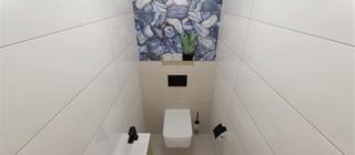 Vizualizace koupelny Bona dea crema béžová, Bianchi, a obklad imitující modrý onyx na stěně